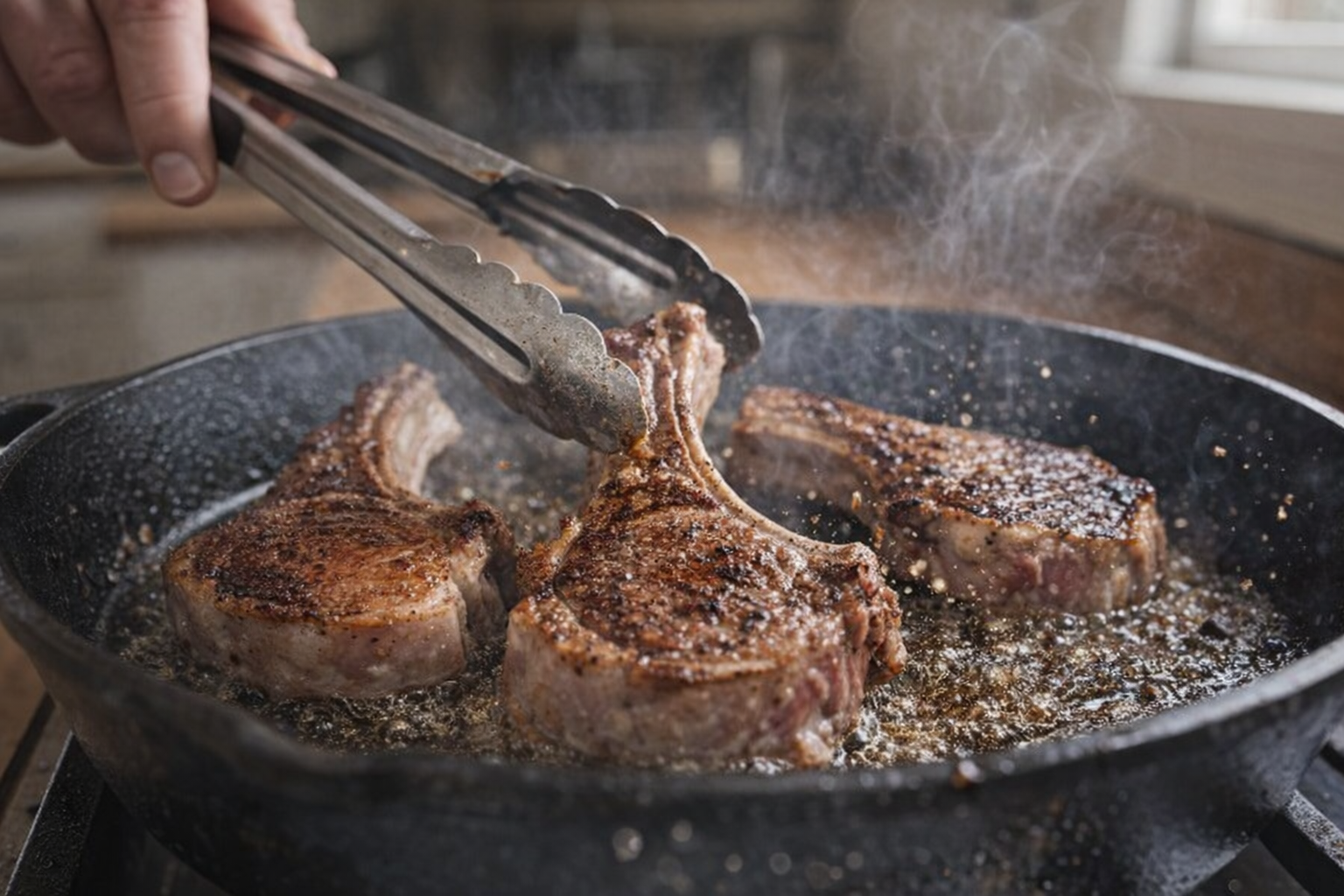 An eye-level shot of lamb chops searing in a cast iron skillet, sizzling and smoking, with tongs turning the meat and rendered fat splattering in the pan